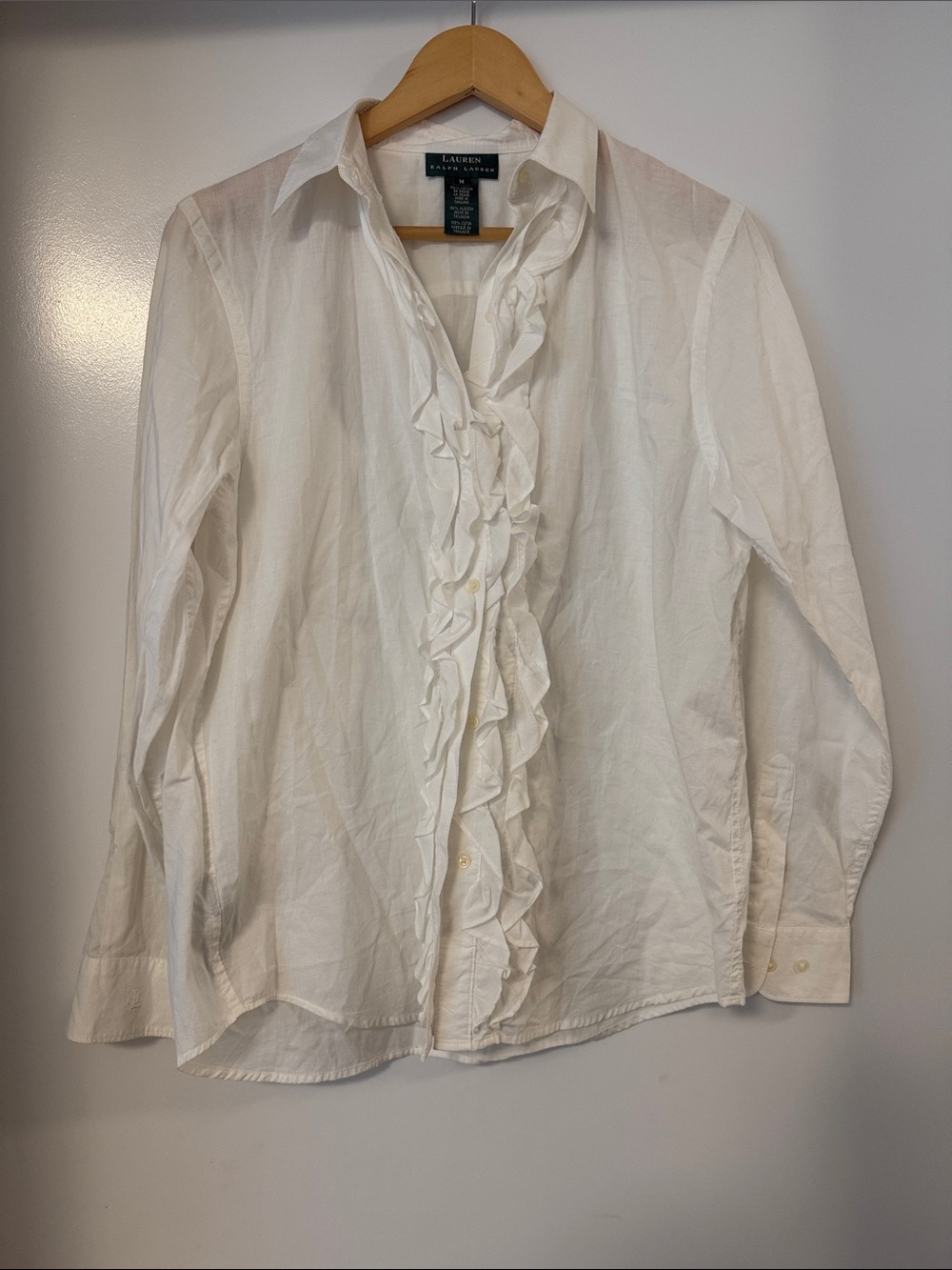 Lauren Ralph Lauren White Ruffle Front Cotton Dress Shirt